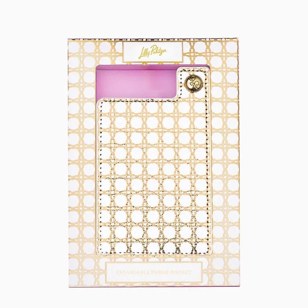 Lilly Pulitzer Expandable Phone Pocket | Gold Metallic Caning